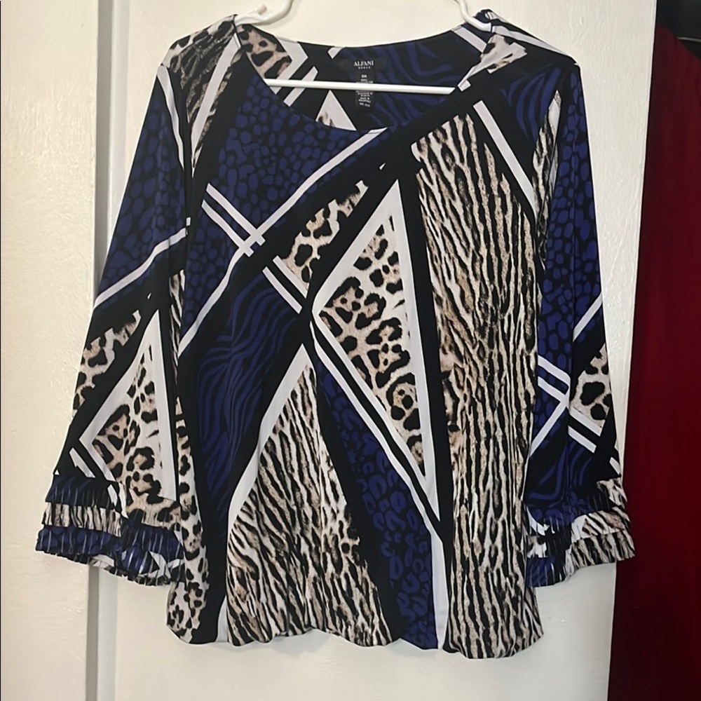 Alfani Blue and White Graphic Blouse Relaxed Fit